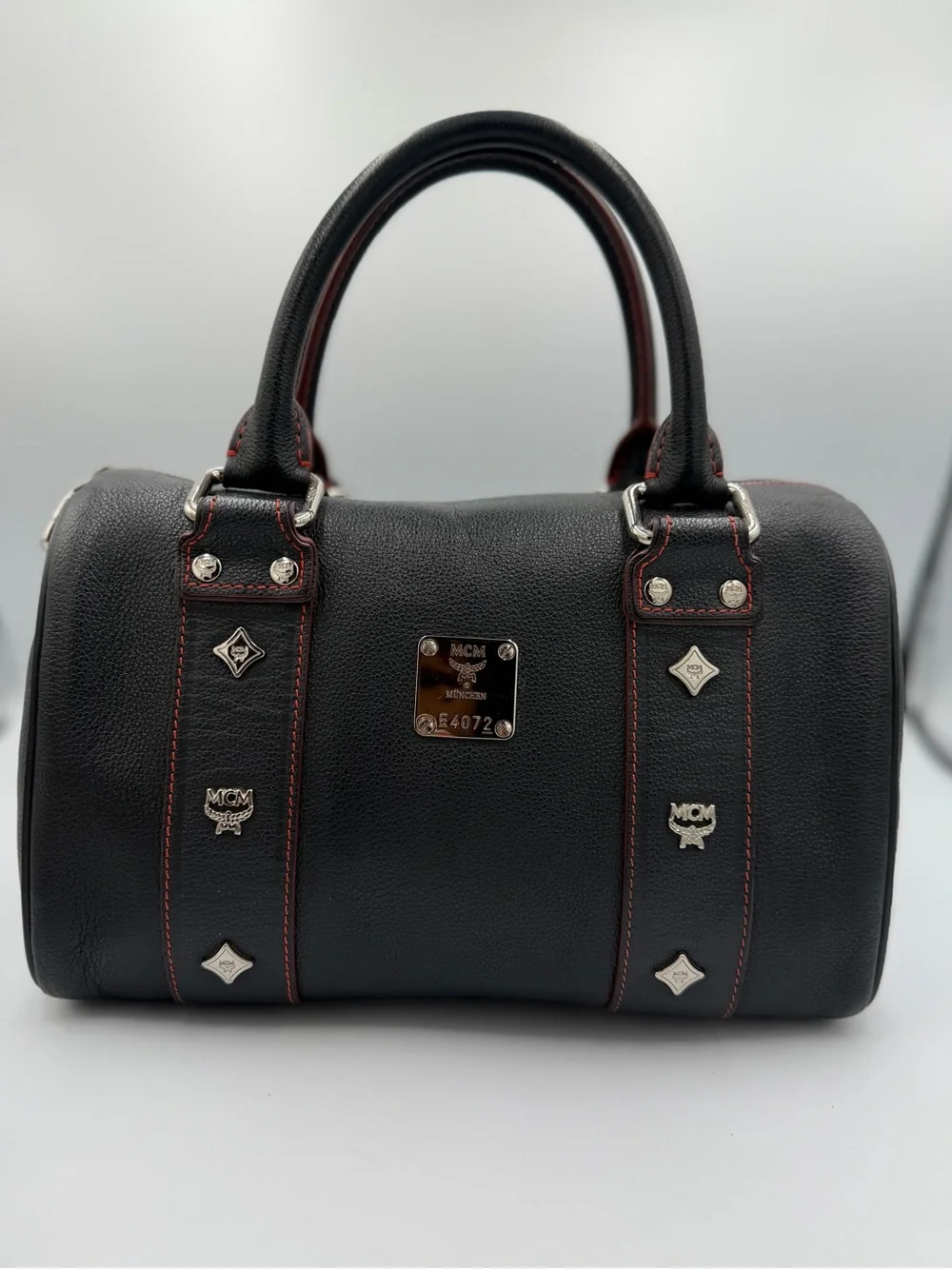 MCM Black Leather Boston Bag with Red Stitching (Pre Owned)